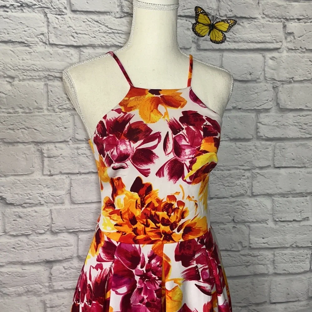 Bebe Floral Sleeveless Bib Neckline Skater Dress Size Small - Picture 3 of 9